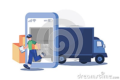 Smartphone with a delivery truck, express delivery courier holding a cardboard box Vector Illustration