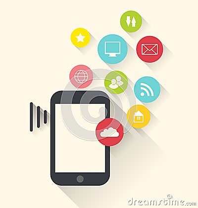 Smartphone device with applications (app) icons, modern flat Vector Illustration