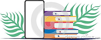 Smartphone device empty screen with colorful books. Cartoon Illustration