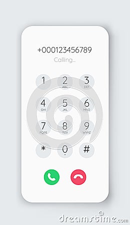Smartphone dial phone ui. Phone number pad, call screen with keypad and dial buttons. Vector isolated illustration Vector Illustration