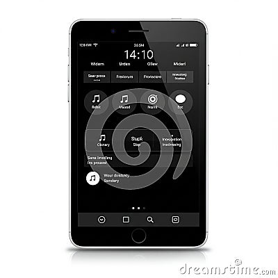 Smartphone display showing a black and white interface with various circular icons and text. Stock Photo