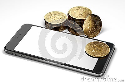 Smartphone display with space for random design surrounded by Bitcoin piles. Isolated on white with copyspace. Stock Photo