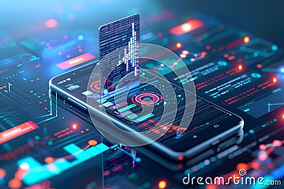 Smartphone displaying holographic data visualizations, highlighting advanced mobile technology and data analytics Stock Photo