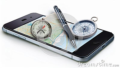 A smartphone displaying a map with a compass and a pen, symbolizing traditional navigation methods Stock Photo