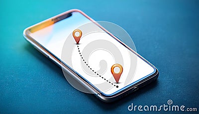 A smartphone displaying a map with location markers, indicating a GPS navigation and location tracking system Stock Photo
