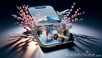 Smartphone Displaying Mount Fuji, Lake, Sakura, and Torii Gate Stock Photo