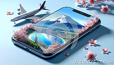 Smartphone Displaying Mount Fuji and Sakura with Airplane Stock Photo
