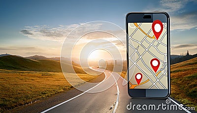 Smartphone displaying navigation path with map pins on a wavy road. 3D Rendering Cartoon Illustration
