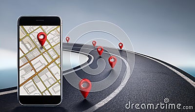 Smartphone displaying a navigation route with red location pins on a curved road. 3D Rendering Cartoon Illustration