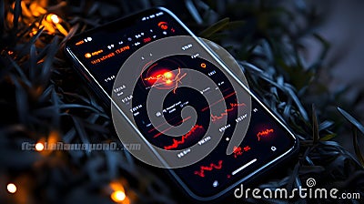 A smartphone displays a colorful data analytics dashboard with bar and circular charts Stock Photo
