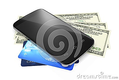 Smartphone, dollar notes and credit cards for mobile payment Stock Photo