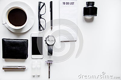 Smartphone, electronic cigarette and men`s accessories top view Stock Photo