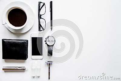 Smartphone, electronic cigarette and men`s accessories top view Stock Photo
