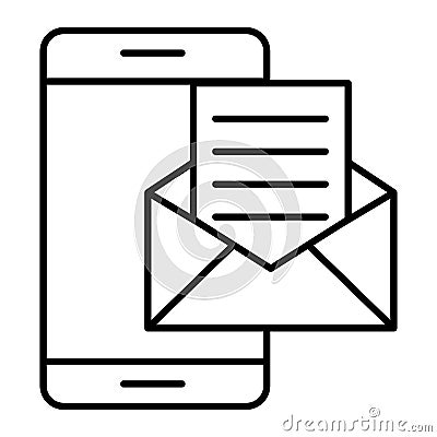 Smartphone email thin line icon. Smartphone and envelope vector illustration isolated on white. Message on telephone Vector Illustration