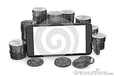 Smartphone with empty copy space on-screen among piles of Ether isolated on white. Stock Photo