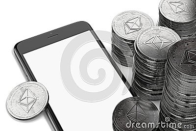 Smartphone with empty copy space on-screen among piles of Ether isolated on white Stock Photo