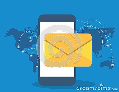 Smartphone with envelope email send and world planet Vector Illustration