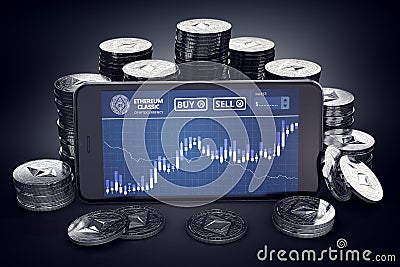 Smartphone with Ethereum Classic trading chart on-screen among piles of Ether. Editorial Stock Photo