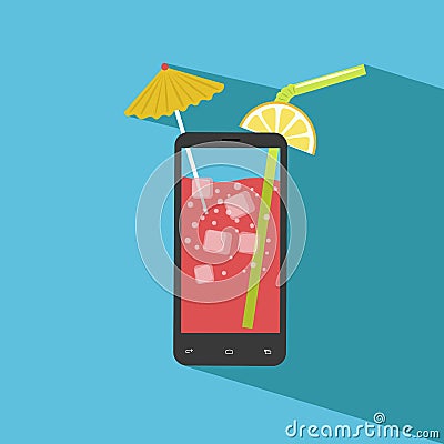 Smartphone filled with fresh juice. Icecubes, umbrella, slice of lemon, straw Vector Illustration