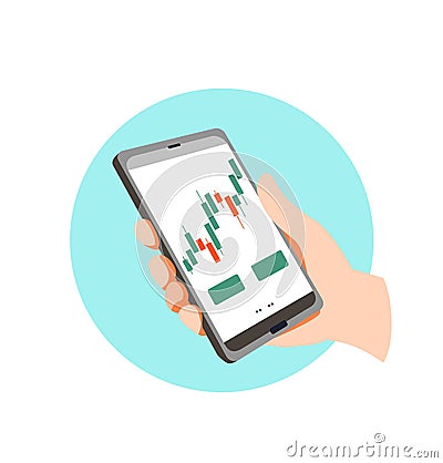 Smartphone with financial diagram on display of device. Mobile app, invest statistic. Young investor concept for stock Vector Illustration