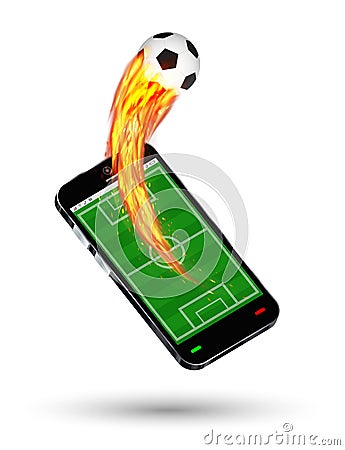 Smartphone with a football field and burning soccer football Vector Illustration