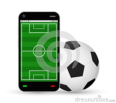 Smartphone with a football field and soccer football Vector Illustration