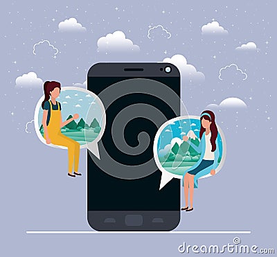 Smartphone with girls couple seated in speech bubble Vector Illustration