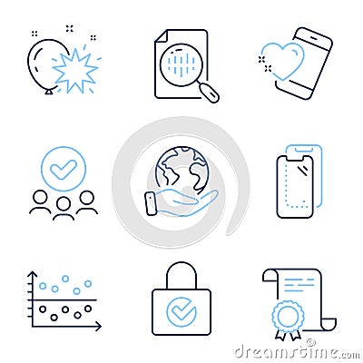 Smartphone glass, Dot plot and Balloon dart icons set. Heart, Analytics chart and Password encryption signs. Vector Vector Illustration