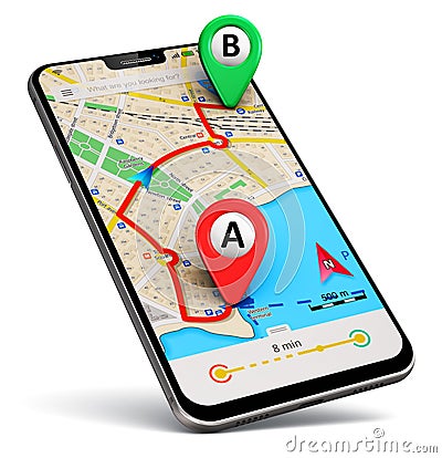 Smartphone with GPS map navigation app Cartoon Illustration