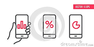 Smartphone with graph Icon, circle chart vector on screen. Vector design Element illustration, line icons. mobile in hand Vector Illustration