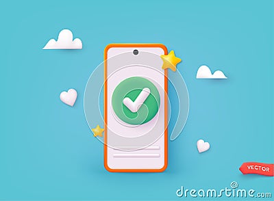 Smartphone with green check mark on mobile application. To do list, time and task management, done. 3D Vector Illustrations Vector Illustration