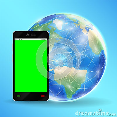 Smartphone green screen with earth globe Vector Illustration