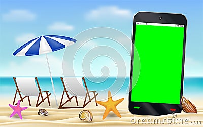 Smartphone green screen on sea sand beach Vector Illustration