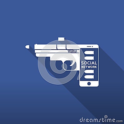 Smartphone gun weapon white color, Cyber crime in social network concept idea on blue gradient Vector Illustration