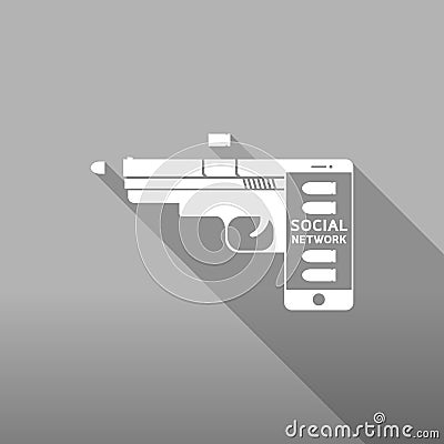 Smartphone gun weapon white color, Cyber crime in social network concept idea on grey gradient Vector Illustration
