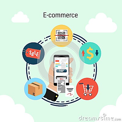 Smartphone in hand, e-commerce infographic concept Vector Illustration