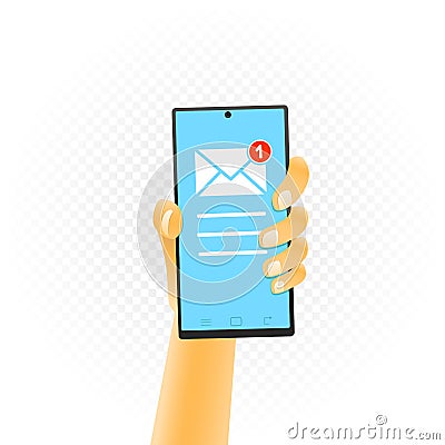 Smartphone in hand email sign one missed Vector Illustration