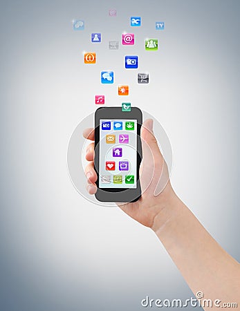 Smartphone, hand & icons Stock Photo