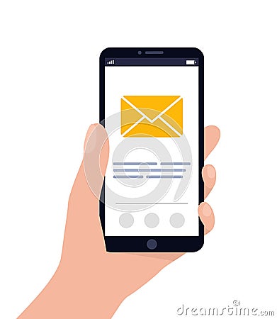Smartphone in hand with mail icon. Three unread messages. Email application concept. Vector flat illustration Vector Illustration