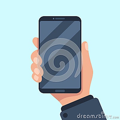 Smartphone in hand. Mobile phone holding in businessman hands. Smart cellphone in arm template for present app flat Vector Illustration