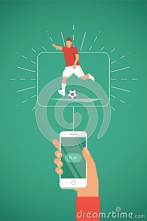 Smartphone in hand with Play button. Football / Soccer player kick on ball. Vector Illustration