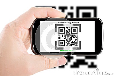 Smartphone in hand scanning code Stock Photo