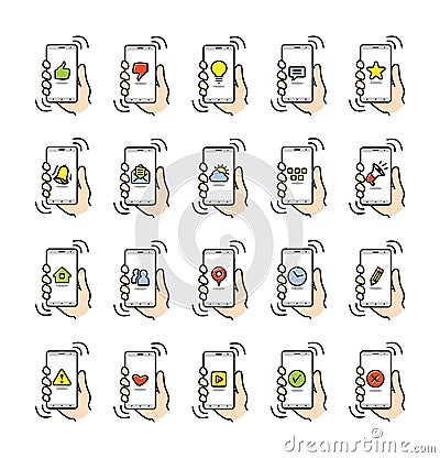 Smartphone on hand. Thin icons of mobile phone functions, settings and applications. Set of vector linear icons for smartphones Stock Photo