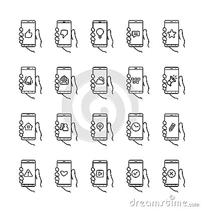 Smartphone on hand. Thin icons of mobile phone functions, settings and applications. Set of vector linear icons for smartphones Stock Photo