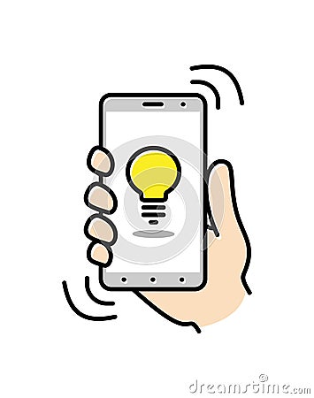 Smartphone on hand. Thin line icon of mobile phone features, settings and apps. Vector linear icon for smartphone. Vector Cartoon Illustration