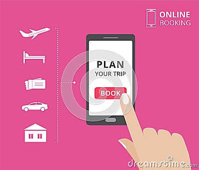 Hand holding smartphone with book button on screen. Online booking design elements. hotel, flight, car, tickets Vector Illustration