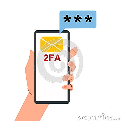 Smartphone in hand. Two-factor authentication. A message with a code Cartoon Illustration