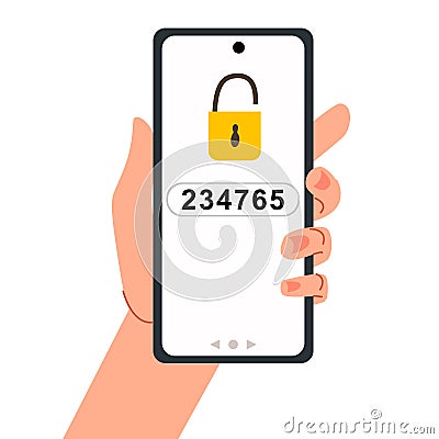 Smartphone in hand. Two-factor authentication. A message with a code Cartoon Illustration