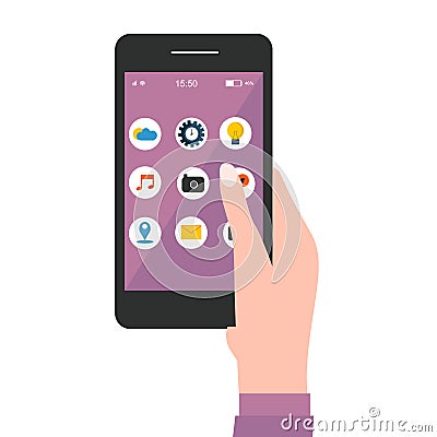 Smartphone in the hand of a woman on a white background for use in web design Vector Illustration