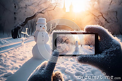 A smartphone in the hands of a tourist taking a photo of a friendly snowman in a city park on a frosty winter day Stock Photo